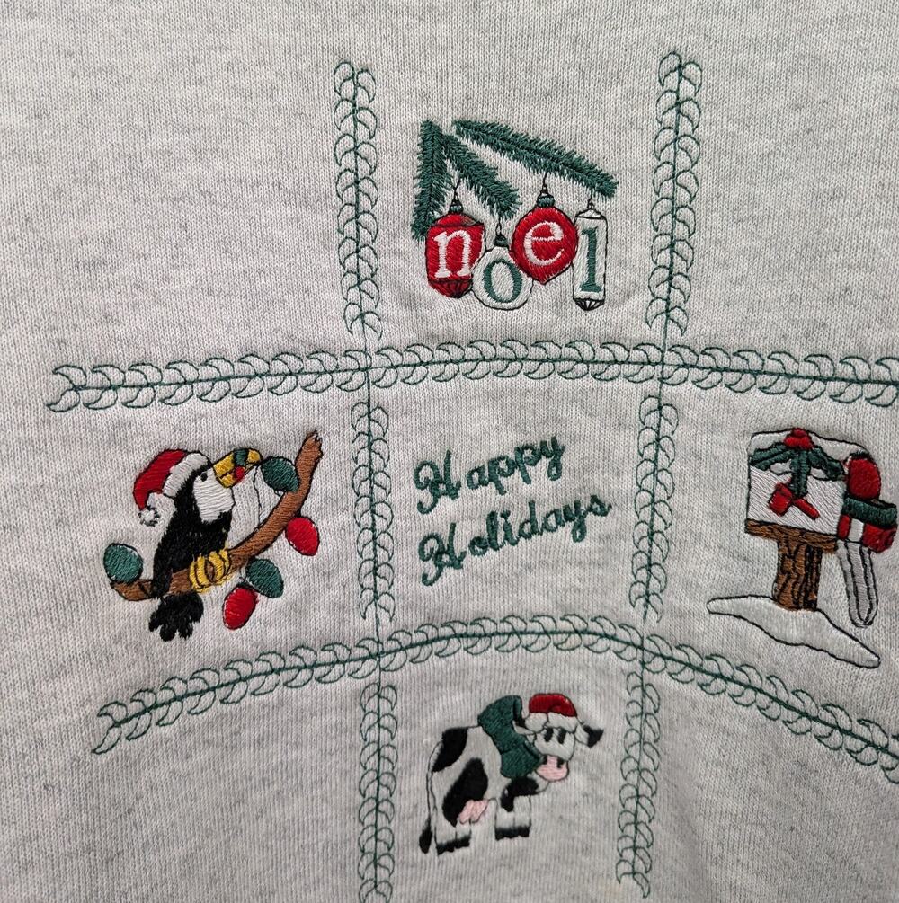 Vintage Christmas Grandma Sweatshirt XL Oneita Power-Sweats Cow Noel Tic Tac Toe